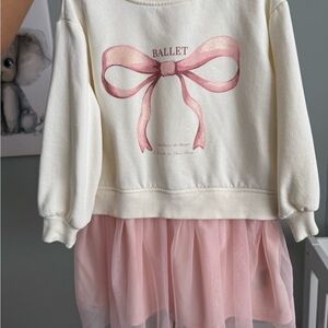 H&M Cream Sweatshirt Dress with Pink Bow and Tulle Skirt